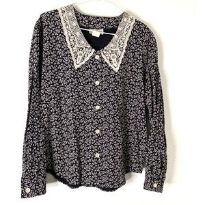 Vintage Lace Collar Black Floral Blouse